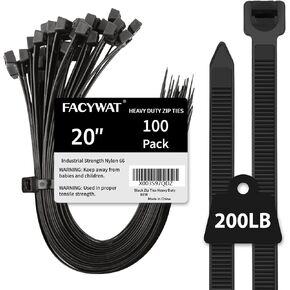 20 inch Black Zip Ties Heavy Duty Outdoor100 PACK, 200 LBS Tensile Strength Large Cable Tie Wraps, Extra Long Wire Ties Plastic UV Resistant Big Strong Zipties in Kuwait