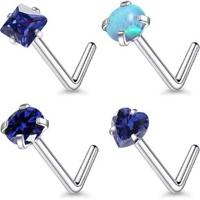F136 Titanium 20/18g L Shaped Pink/Blue Diamond Nose Ring Studs Earrings Piercings Jewelry Surgical Steel for Women Men