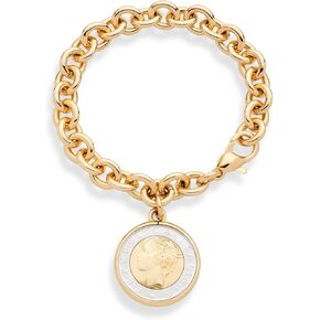 Miabella 18K Gold over Bronze Italian Genuine 500-Lira Coin Charm Rolo Link Chain Bracelet for Women Made in Italy