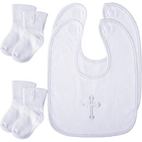 Jiuguva 4 Pcs Baptism Bibs and Socks Set Christening Bib for Baby White Embroidered Cross Baptism Outfit for Boy Girl