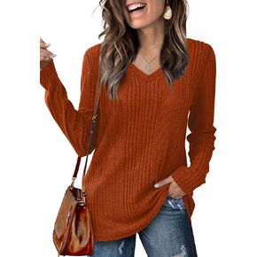 Saloogoe Womens Long Sleeve Tops V Neck Shirts Lightweight Tunic Sweaters Fashion 2024