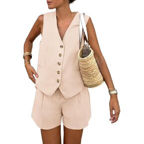 2 Piece Outfits for Women Summer Bussiness Linen Sets Sleeveless V Neck Vest Button Waistcoat and Pockets Shorts
