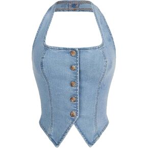 Verdusa Women's Button Front Halter Neck Asymmetrical Denim Crop Top Jean Vest