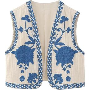 Embroidered Vest Tops for Women Vintage Sleeveless Floral Open Front Boho Cardigan Vest