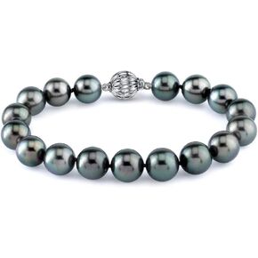 The Pearl Source 14K Gold 8-9mm Round Black Tahitian South Sea Cultured Pearl Bracelet for Women