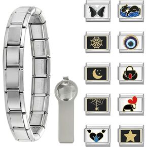 papasgix Italian Charm Bracelet Gold Silver Set with Starter Brascelet, Assorted Charms and Opening Tools, 9mm Modular Italian Charm Bracelet Links Handmade DIY Jewelry Gifts(Silver Black)