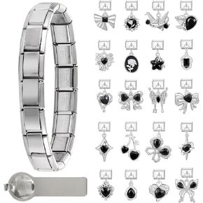 papasgix مجموعة سوار سحر إيطالي ذهبي وفضي مع سوار بداية، سحر متنوع وأدوات فتح، 9 مم وحدات أساور إيطالية ساحرة مصنوعة يدويًا قلادة هدايا مجوهرات (فضي أسود) in Kuwait