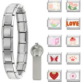 papasgix Italian Charm Bracelet Gold Silver Set with Starter Brascelet, Assorted Charms and Opening Tools, 9mm Modular Italian Charm Bracelet Links Handmade DIY Jewelry Gifts(Silver Pink)