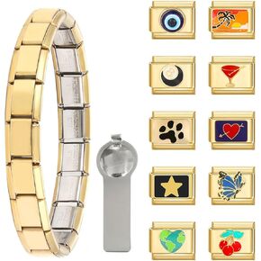 papasgix Italian Charm Bracelet Gold Silver Set with Starter Brascelet, Assorted Charms and Opening Tools, 9mm Modular Italian Charm Bracelet Links Handmade DIY Jewelry Gifts(Gold Black)