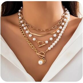 4 PCS Layered Gold Necklace for Women Chunky Gold Necklace Stack Paperclip Chain Pearl Necklace Herringbone Choker Necklace Fashion Jewelry Gifts