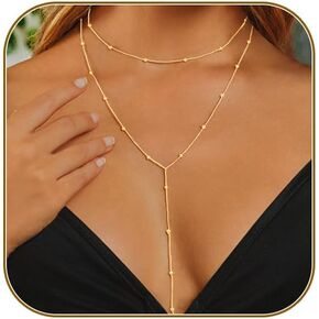 Lariat Gold Necklace for Women, Dainty Long Necklace 14k Gold Plated/Silver Y-Shaped Layered Beaded Chain Drop Necklaces for Women Trendy Simple Gold Jewelry For Women Girls Gift