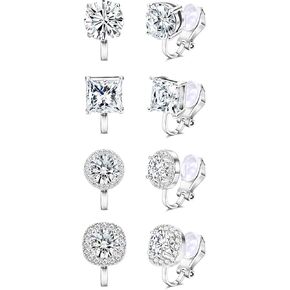 Thunaraz Cubic Zirconia Clip on Earrings - Women Hypoallergenic Comfortable Non Pierced Stud Earrings for Wedding and Dance Competitions, Clip-on Earrings Silver Gold