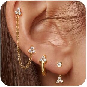 GEORGE · SMITH Gold Stud Earrings Set for Women, 14k Gold Plated Flower Stud Earring Sets for Multiple Piercing, Double Studs Chain Tassel Piercing Earrings for Women