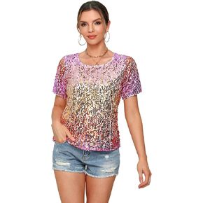 Womens Full Sequin Sparkle Tops Shimmer Glitter Round Neck Short Sleeve Shirt Summer Disco Party Tee Shirts Tunic Blouse