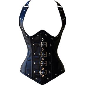 Leather Corset Steampunk Black Studs & Goth Style Buckle Closure Waist Trainer Steel Boned Underbust Strap Corset