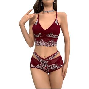 Verdusa Women's Flower Embroidery Lace Lingerie Sets Crisscross Bralette and High Waist Panty