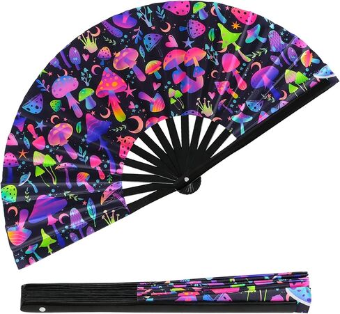 الهذيان مروحة قابلة للطي الأشعة فوق البنفسجية توهج مروحة الهذيان الفطر للطي مروحة اليد الخيزران للطي Clack مروحة اليد للمهرجانات الموسيقية، كرنفال، حفلة ديسكو، حفلة النيون وعروض رقص الملكة السحب in Kuwait