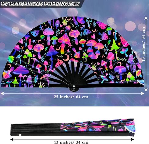الهذيان مروحة قابلة للطي الأشعة فوق البنفسجية توهج مروحة الهذيان الفطر للطي مروحة اليد الخيزران للطي Clack مروحة اليد للمهرجانات الموسيقية، كرنفال، حفلة ديسكو، حفلة النيون وعروض رقص الملكة السحب in Kuwait