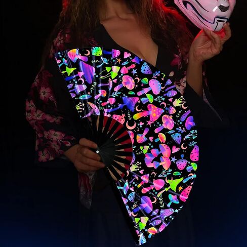 الهذيان مروحة قابلة للطي الأشعة فوق البنفسجية توهج مروحة الهذيان الفطر للطي مروحة اليد الخيزران للطي Clack مروحة اليد للمهرجانات الموسيقية، كرنفال، حفلة ديسكو، حفلة النيون وعروض رقص الملكة السحب in Kuwait