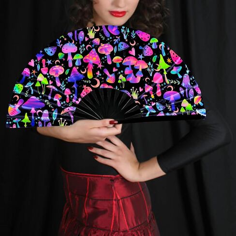 الهذيان مروحة قابلة للطي الأشعة فوق البنفسجية توهج مروحة الهذيان الفطر للطي مروحة اليد الخيزران للطي Clack مروحة اليد للمهرجانات الموسيقية، كرنفال، حفلة ديسكو، حفلة النيون وعروض رقص الملكة السحب in Kuwait