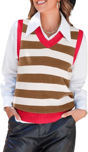 EVALESS Casual V Neck Sweater Tank Tops for Women Fall Color Block Striped Sweater Vest Knit Sleeveless Pullover Sweaters in Kuwait