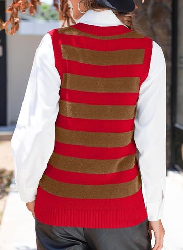 EVALESS Casual V Neck Sweater Tank Tops for Women Fall Color Block Striped Sweater Vest Knit Sleeveless Pullover Sweaters in Kuwait