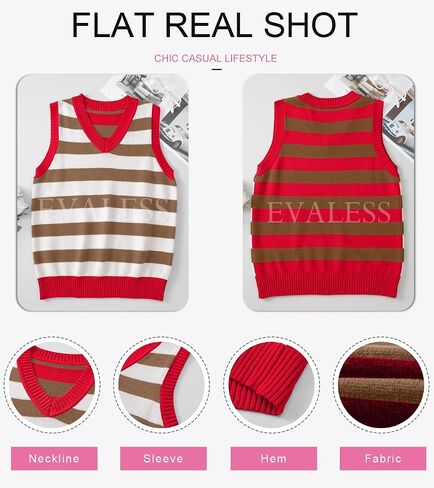 EVALESS Casual V Neck Sweater Tank Tops for Women Fall Color Block Striped Sweater Vest Knit Sleeveless Pullover Sweaters in Kuwait