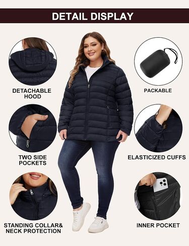 ANOTHER CHOICE Plus Size Packable Puffer Coat for Women, Light Weight Winter Jacket with Hood in Kuwait