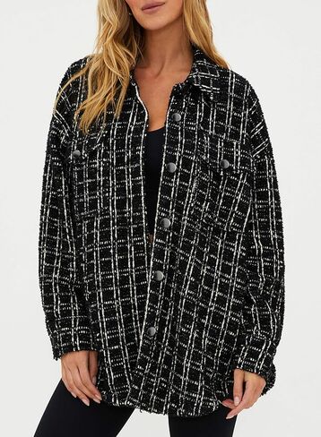 SHEWIN Women 2024 Long Sleeve Button Down Shackets Fashion Plaid Pocket Shirts Jacket in Saudi Arabia