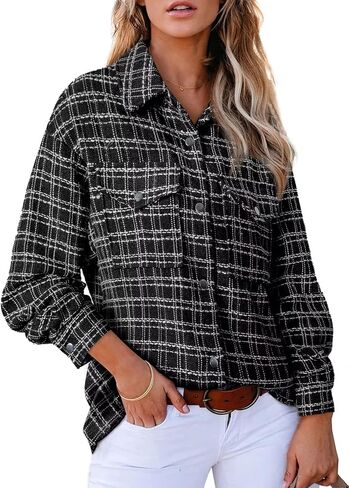 SHEWIN Women 2024 Long Sleeve Button Down Shackets Fashion Plaid Pocket Shirts Jacket in Saudi Arabia