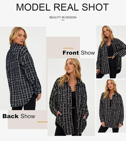 SHEWIN Women 2024 Long Sleeve Button Down Shackets Fashion Plaid Pocket Shirts Jacket in Saudi Arabia