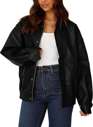PRETTYGARDEN Women's Faux Leather Motorcycle Jacket Trendy Fall Clothes Oversized Zip Up Winter Coat Outerwear in Saudi Arabia