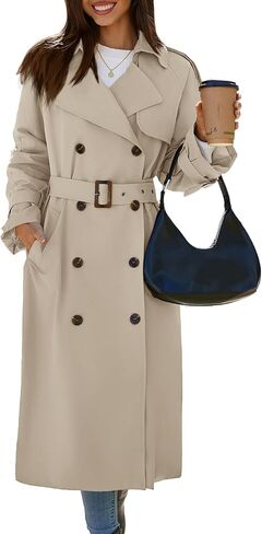 Cicy Bell Womens Long Trench Coat Double Breasted Classic Lapel Fall Overcoat with Belt in Saudi Arabia