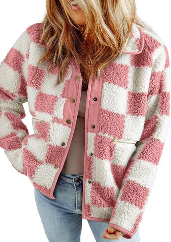 SHEWIN Jackets For Women Causal Long Sleeve Fleece Jacket Loose Lapel Button Down Plaid Sherpa Coats Fall Tops in Saudi Arabia