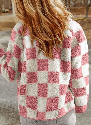 SHEWIN Jackets For Women Causal Long Sleeve Fleece Jacket Loose Lapel Button Down Plaid Sherpa Coats Fall Tops in Saudi Arabia