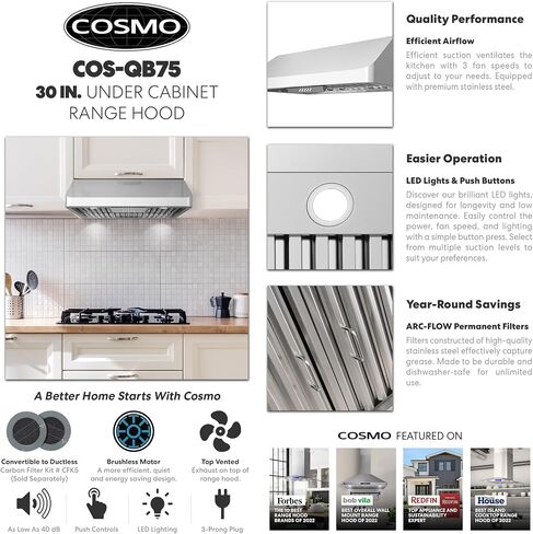 COSMO COS-QS75 30 بوصة. شفاط تحت الخزانة مع 500 CFM، مرشحات دائمة، مصابيح LED، قابلة للتحويل من مجاري إلى بدون مجاري (المجموعة غير متضمنة) من الفولاذ المقاوم للصدأ in Kuwait
