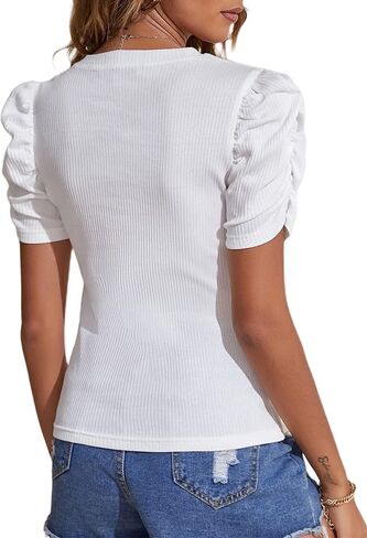 Remidoo Puff Sleeve Tops for Women Short Sleeve Top Casual Crewneck Rib Knit Fitted T Shirt in Kuwait