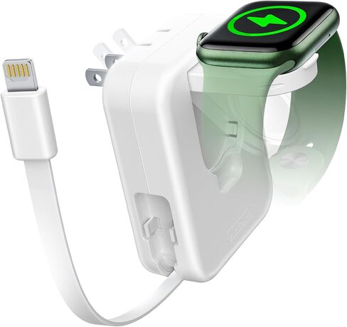 AFLYDOG لشاحن ساعة Apple، شاحن حائط 2 في 1 مع كابل شحن مدمج قابل للسحب، محول طاقة قابل للطي للسفر متوافق مع iPhone iWatch in Kuwait