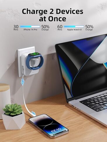 AFLYDOG لشاحن ساعة Apple، شاحن حائط 2 في 1 مع كابل شحن مدمج قابل للسحب، محول طاقة قابل للطي للسفر متوافق مع iPhone iWatch in Kuwait