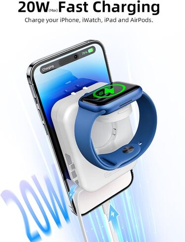 AFLYDOG لشاحن ساعة Apple، شاحن حائط 2 في 1 مع كابل شحن مدمج قابل للسحب، محول طاقة قابل للطي للسفر متوافق مع iPhone iWatch in Kuwait