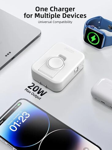 AFLYDOG لشاحن ساعة Apple، شاحن حائط 2 في 1 مع كابل شحن مدمج قابل للسحب، محول طاقة قابل للطي للسفر متوافق مع iPhone iWatch in Kuwait