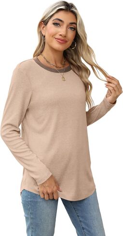Besshopie Womens Long Sleeve Shirts Crewneck Casual Tunic Tops Fall Fashion Outfits in Kuwait