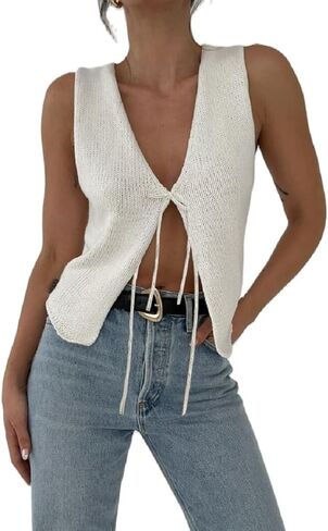 KMBANGI Women Y2K Crochet Vest Top Tie Front Knit Sleeveless Tank Top V Neck Button Down Crop Top Streetwear in Saudi Arabia