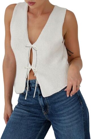 KMBANGI Women Y2K Crochet Vest Top Tie Front Knit Sleeveless Tank Top V Neck Button Down Crop Top Streetwear in Saudi Arabia