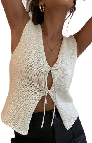 KMBANGI Women Y2K Crochet Vest Top Tie Front Knit Sleeveless Tank Top V Neck Button Down Crop Top Streetwear in Saudi Arabia
