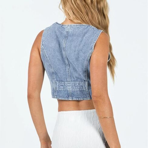 Women Vintage Y2K Denim Vest Sleeveless V Neck Button Crop Jean Waistcoat Vest Retro Streetwear Going Out Tank Top in Saudi Arabia