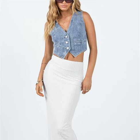 Women Vintage Y2K Denim Vest Sleeveless V Neck Button Crop Jean Waistcoat Vest Retro Streetwear Going Out Tank Top in Saudi Arabia