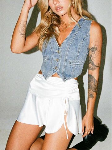Women Vintage Y2K Denim Vest Sleeveless V Neck Button Crop Jean Waistcoat Vest Retro Streetwear Going Out Tank Top in Saudi Arabia