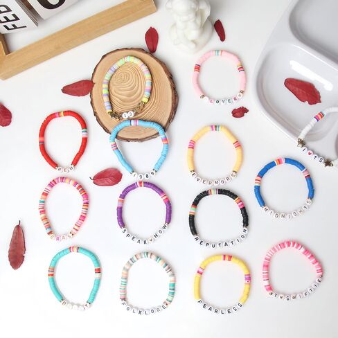 14PCS Friendship Bracelets, Stackable Clay Beaded Bracelets with letter beads, Preppy Bracelets Heishi Bracelets Surfer Bracelets for Women，Cute Bracelets for Concert Beach Vacaiton Gift in Saudi Arabia