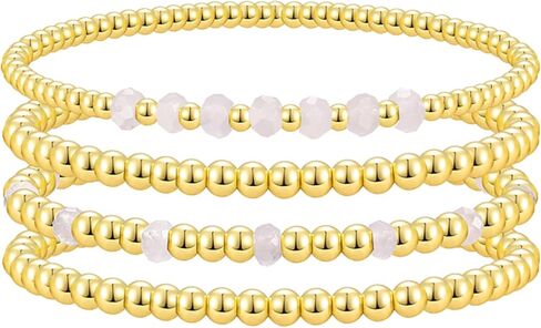 Gold Beaded Bracelets for Woman Stackable Crystal Stone Bead Bracelet 14K Gold Plated Stretch Bead Ball Bracelet Set for Woman Trendy Jewelry Gifts in Saudi Arabia